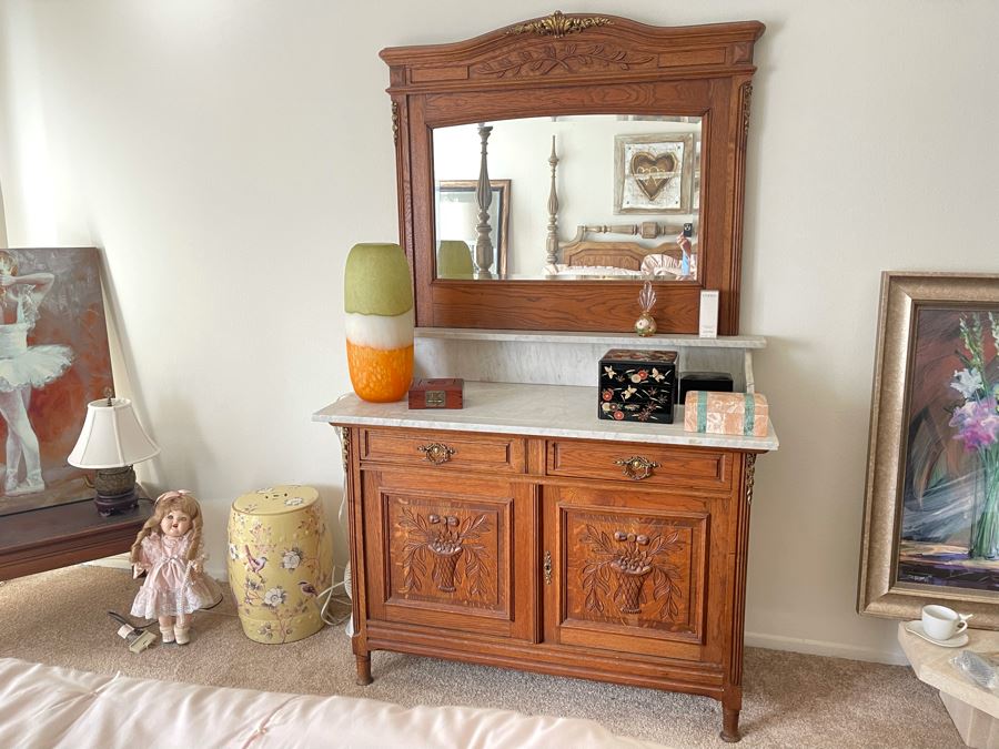 Vintage Carved Oak Chest With Marble Top And Mirror 48W X 22D X 75H [Photo 3]