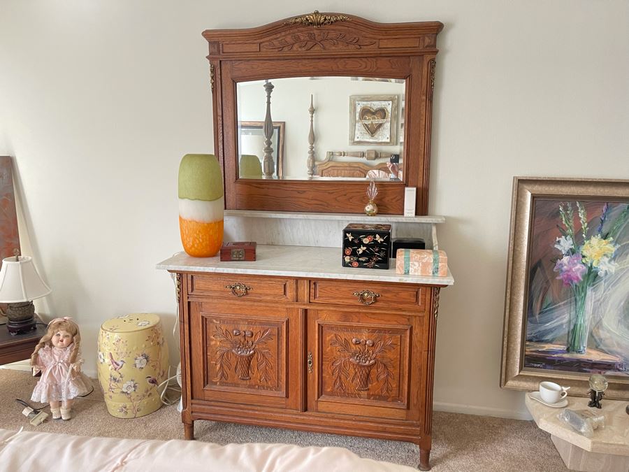 Vintage Carved Oak Chest With Marble Top And Mirror 48W X 22D X 75H [Photo 2]