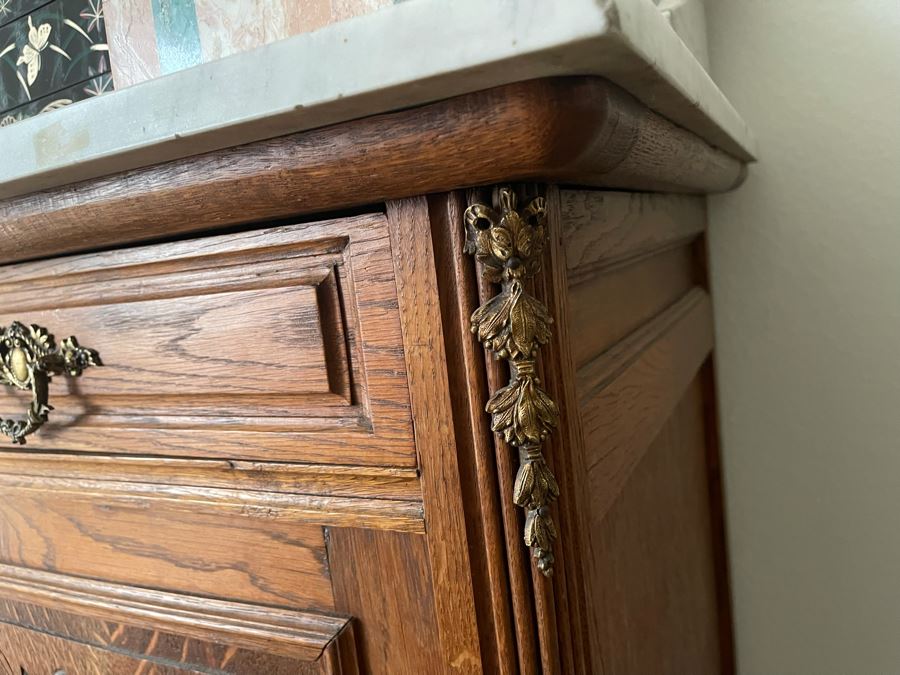 Vintage Carved Oak Chest With Marble Top And Mirror 48W X 22D X 75H [Photo 7]