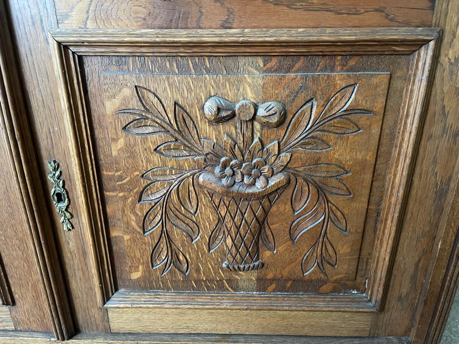 Vintage Carved Oak Chest With Marble Top And Mirror 48W X 22D X 75H [Photo 6]