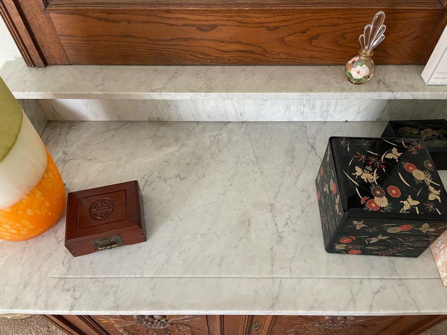 Vintage Carved Oak Chest With Marble Top And Mirror 48W X 22D X 75H [Photo 10]