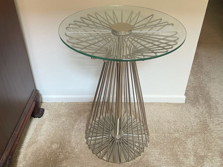 Modernist Metal Occasional Table With Glass Top 18W X 25H