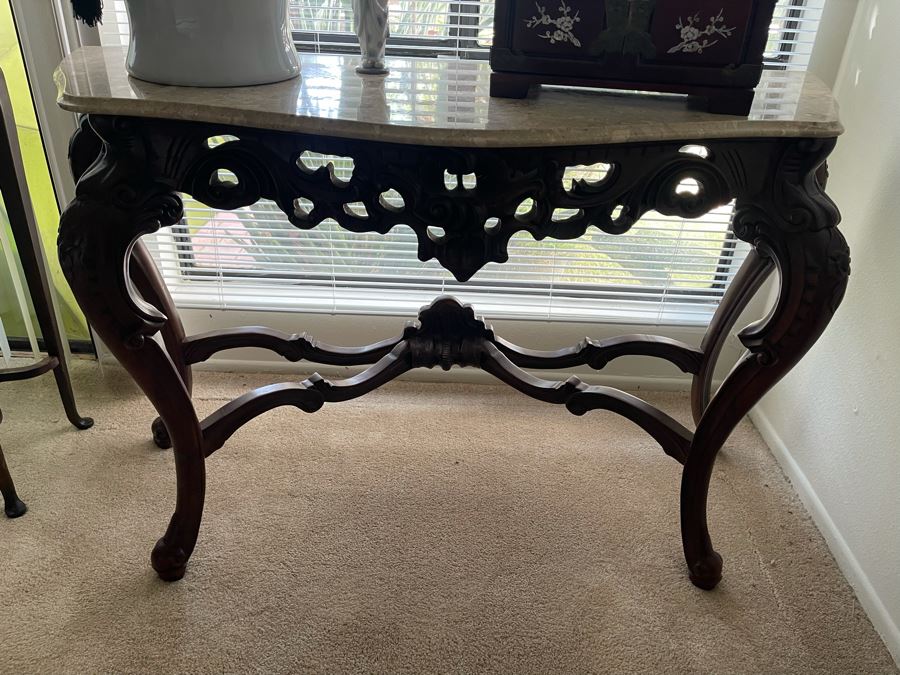 Carved Wooden Console Entry Table With Marble Top 55W X 20D X 34.5H [Photo 10]