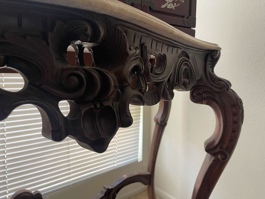 Carved Wooden Console Entry Table With Marble Top 55W X 20D X 34.5H [Photo 8]