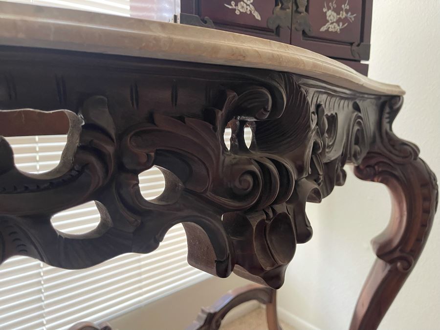 Carved Wooden Console Entry Table With Marble Top 55W X 20D X 34.5H [Photo 7]