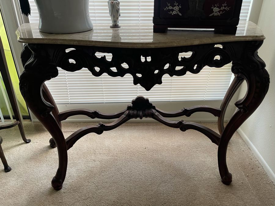 Carved Wooden Console Entry Table With Marble Top 55W X 20D X 34.5H [Photo 5]