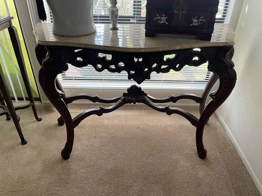 Carved Wooden Console Entry Table With Marble Top 55W X 20D X 34.5H [Photo 11]