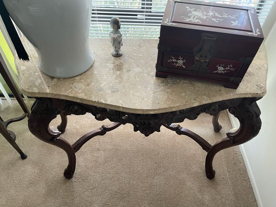 Carved Wooden Console Entry Table With Marble Top 55W X 20D X 34.5H [Photo 12]