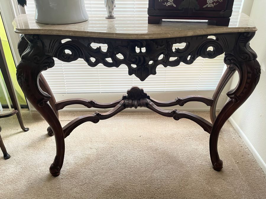 Carved Wooden Console Entry Table With Marble Top 55W X 20D X 34.5H [Photo 6]