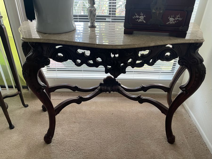Carved Wooden Console Entry Table With Marble Top 55W X 20D X 34.5H [Photo 2]