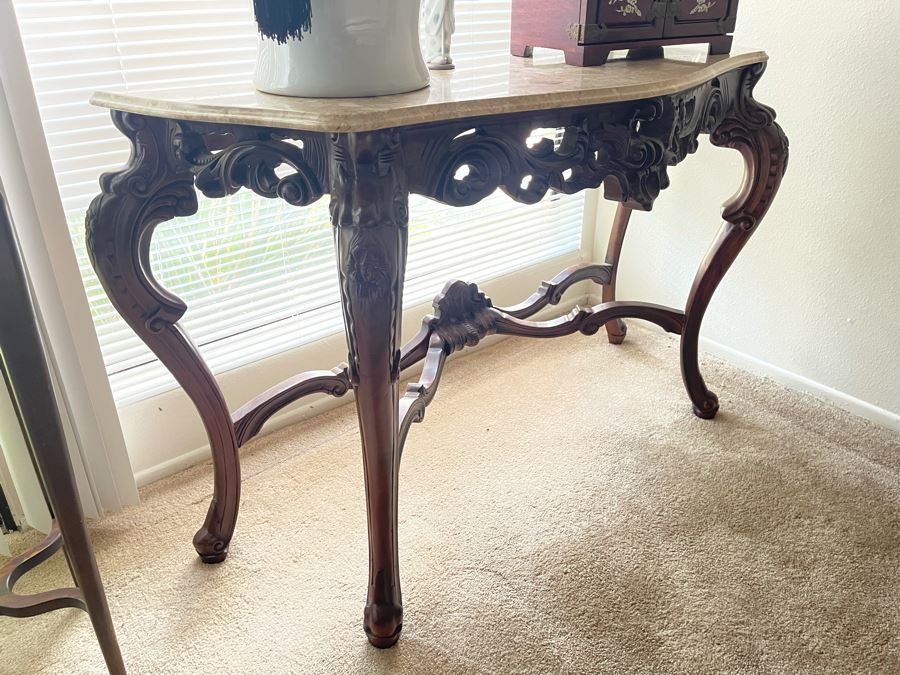 Carved Wooden Console Entry Table With Marble Top 55W X 20D X 34.5H [Photo 1]