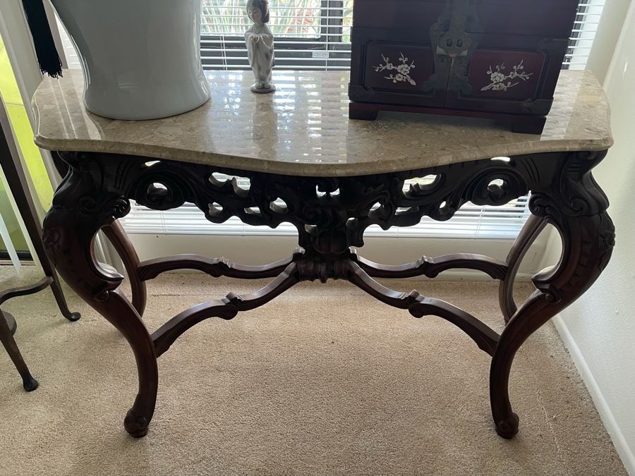 Carved Wooden Console Entry Table With Marble Top 55W X 20D X 34.5H [Photo 13]