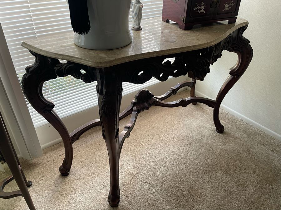 Carved Wooden Console Entry Table With Marble Top 55W X 20D X 34.5H [Photo 4]