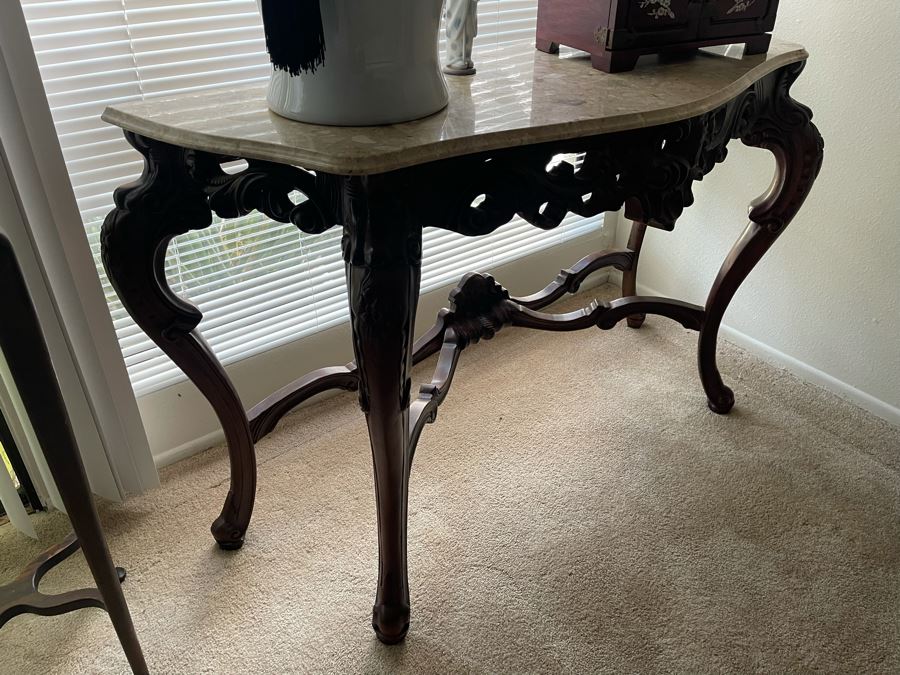 Carved Wooden Console Entry Table With Marble Top 55W X 20D X 34.5H [Photo 3]