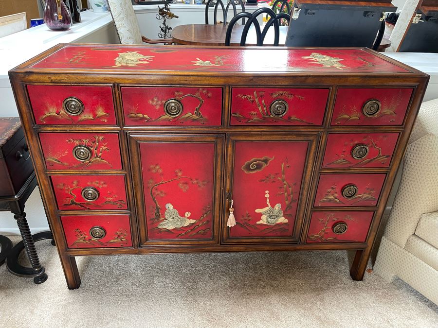 Theodore Alexander Chinoiserie Red Cabinet Chest Of Drawers Buffet Sideboard 52W X 18D X 37.5H [Photo 3]