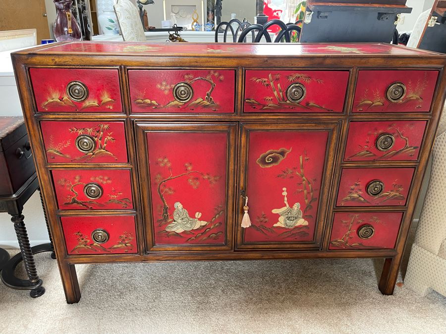 Theodore Alexander Chinoiserie Red Cabinet Chest Of Drawers Buffet Sideboard 52W X 18D X 37.5H [Photo 4]