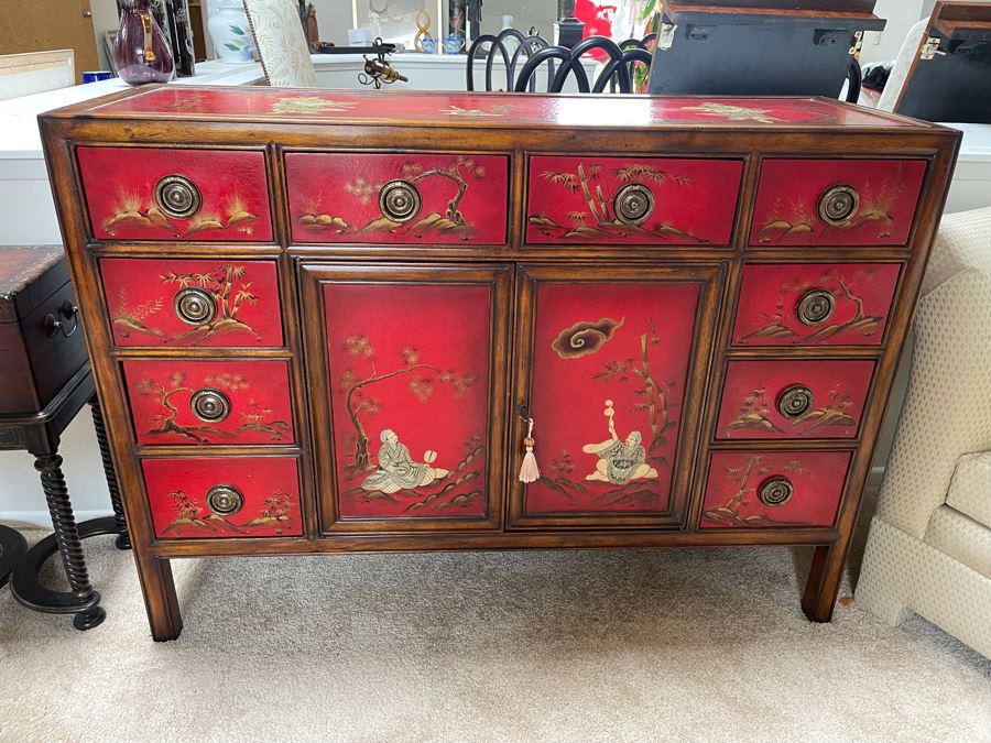 Theodore Alexander Chinoiserie Red Cabinet Chest Of Drawers Buffet Sideboard 52W X 18D X 37.5H