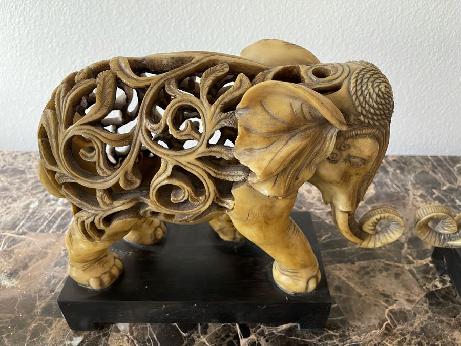 Pair Of Ceylon Elephant Sculptures From Kinder Collection Austion Productions Resin Each 13W X 10.5H [Photo 5]