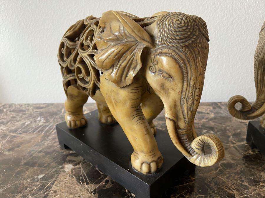 Pair Of Ceylon Elephant Sculptures From Kinder Collection Austion Productions Resin Each 13W X 10.5H [Photo 7]