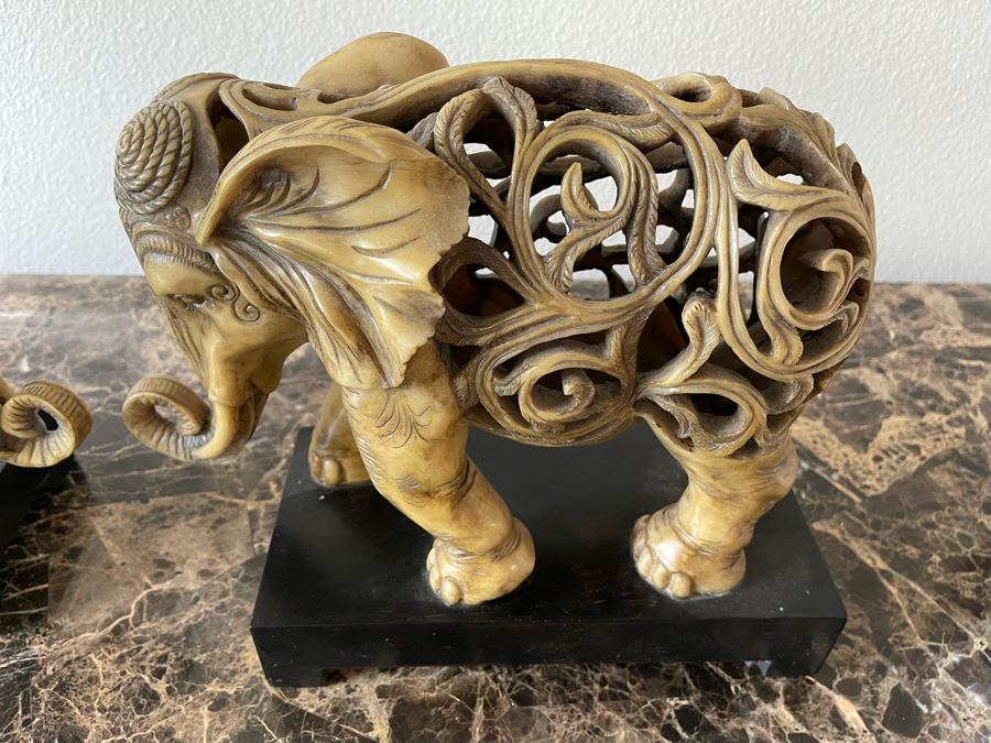 Pair Of Ceylon Elephant Sculptures From Kinder Collection Austion Productions Resin Each 13W X 10.5H [Photo 4]
