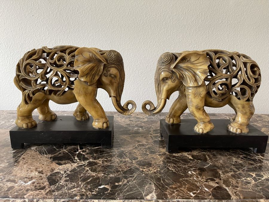 Pair Of Ceylon Elephant Sculptures From Kinder Collection Austion Productions Resin Each 13W X 10.5H [Photo 1]
