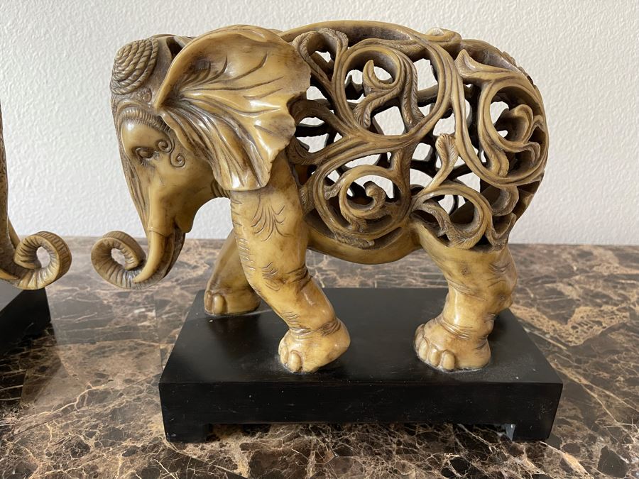 Pair Of Ceylon Elephant Sculptures From Kinder Collection Austion Productions Resin Each 13W X 10.5H [Photo 3]
