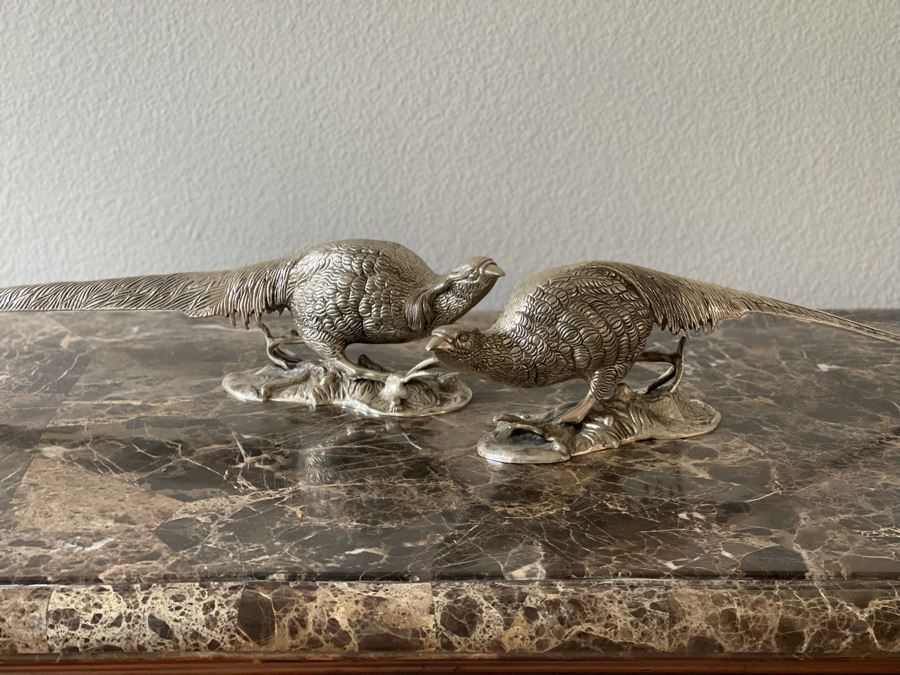 Pair Of Lacquered Silver Plated Pheasant Bird Sculptures 20W [Photo 3]