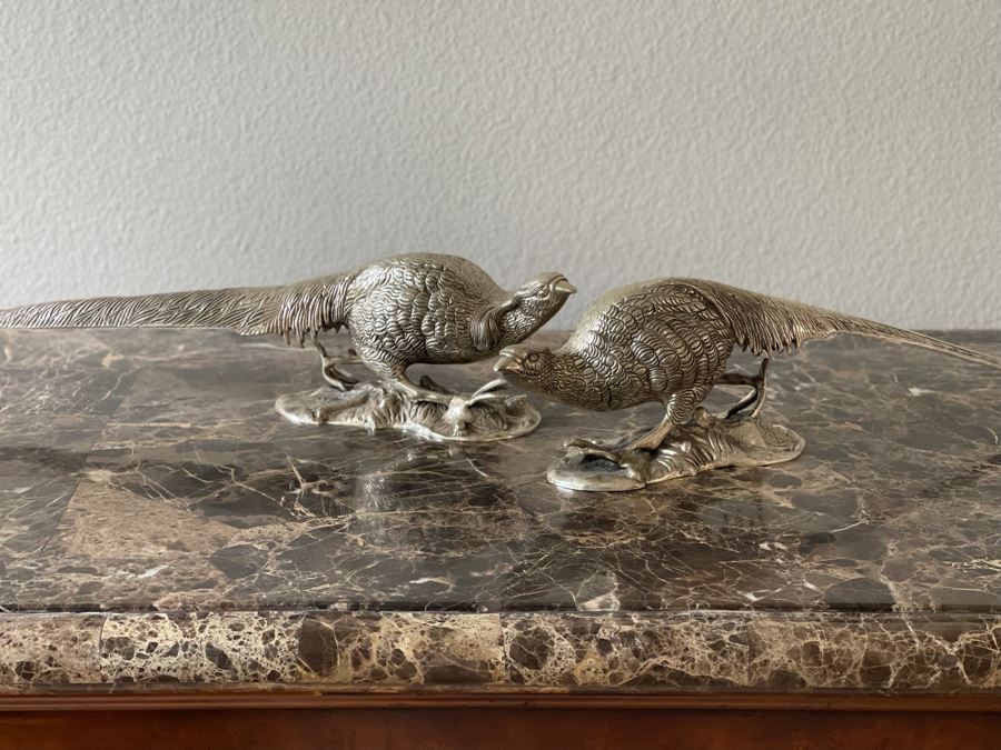 Pair Of Lacquered Silver Plated Pheasant Bird Sculptures 20W [Photo 2]