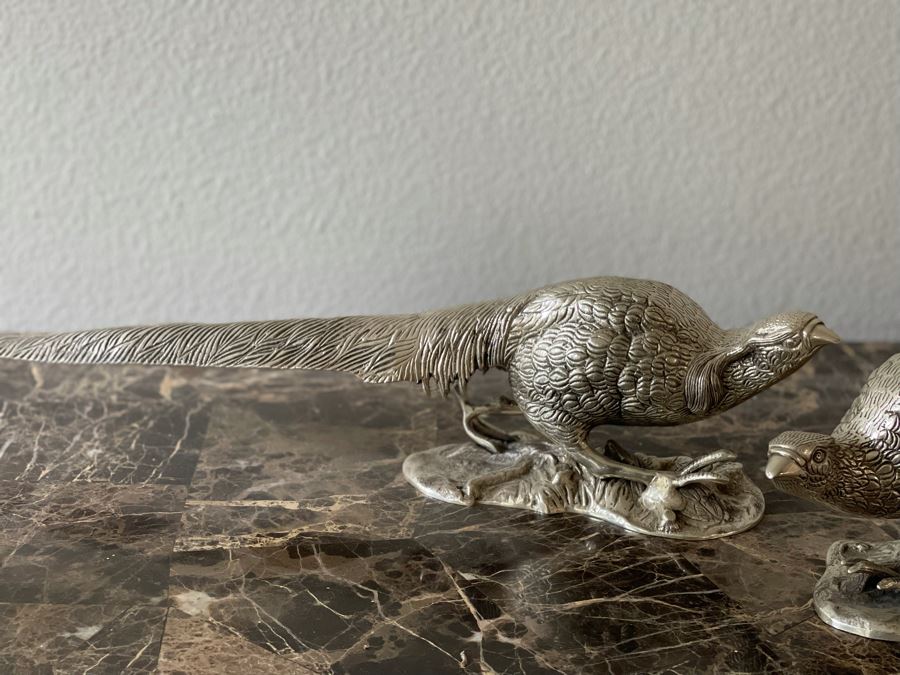 Pair Of Lacquered Silver Plated Pheasant Bird Sculptures 20W [Photo 5]