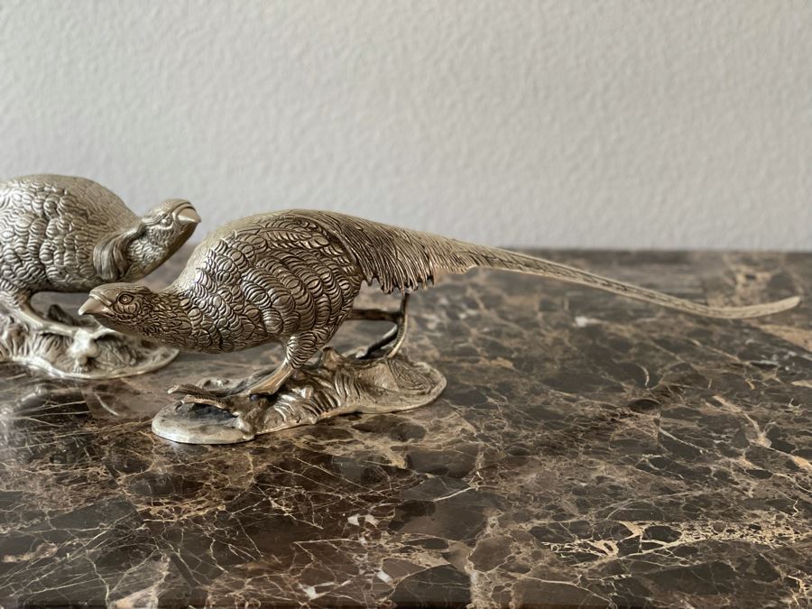 Pair Of Lacquered Silver Plated Pheasant Bird Sculptures 20W [Photo 4]