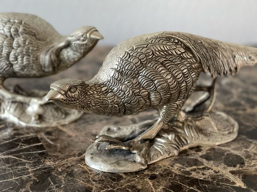 Pair Of Lacquered Silver Plated Pheasant Bird Sculptures 20W