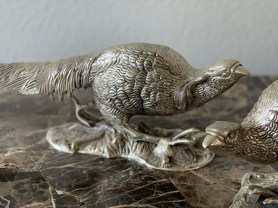 Pair Of Lacquered Silver Plated Pheasant Bird Sculptures 20W [Photo 7]