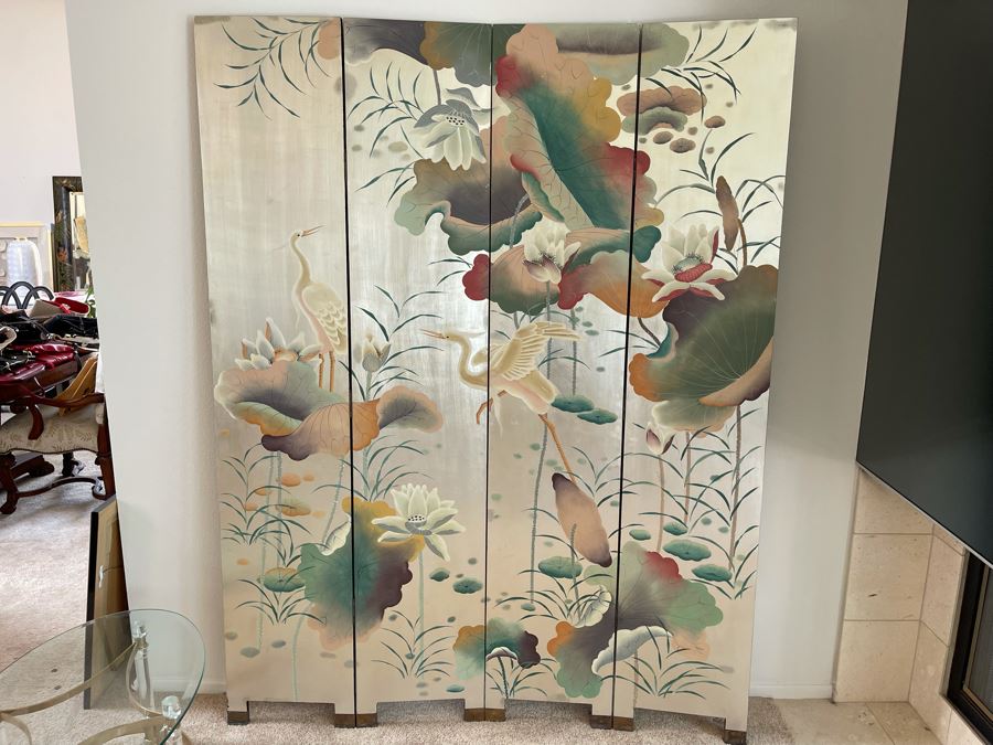 4-Panel Chinese Folding Double-Sided Screen Made In Hong Kong (Silver On One Side / Bamboo Black Motif On Other) [Photo 3]