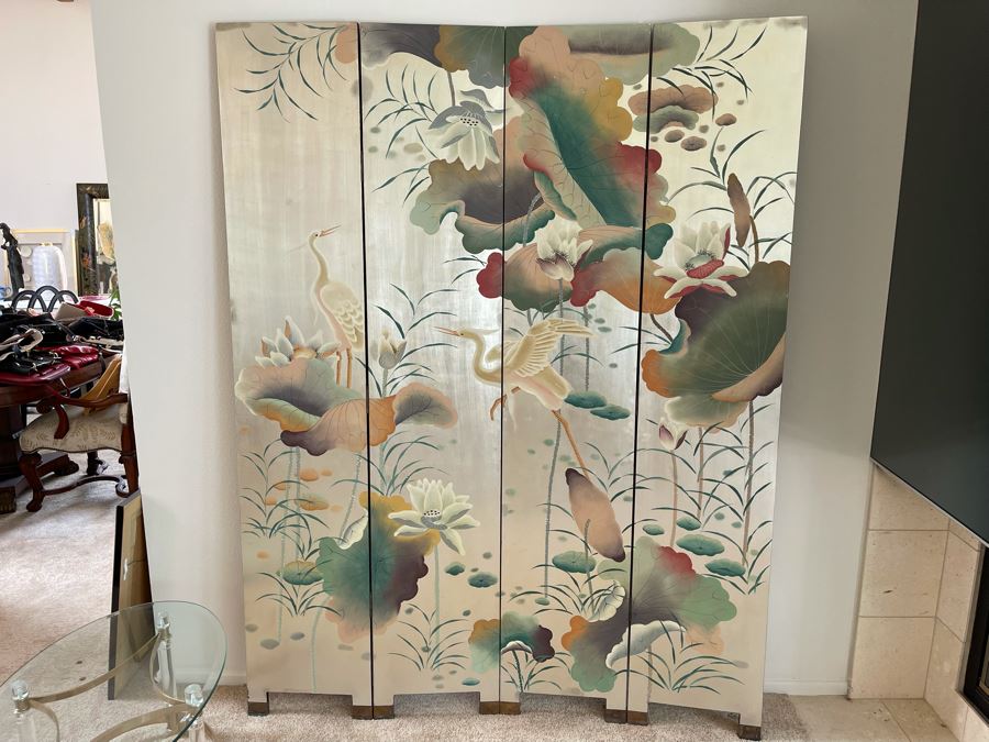 4-Panel Chinese Folding Double-Sided Screen Made In Hong Kong (Silver On One Side / Bamboo Black Motif On Other) [Photo 1]
