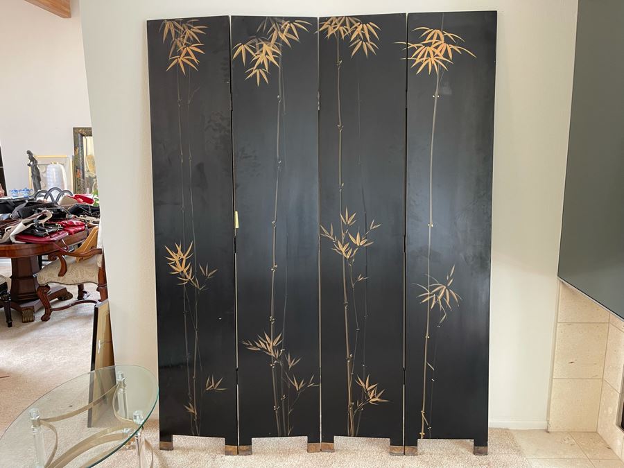 4-Panel Chinese Folding Double-Sided Screen Made In Hong Kong (Silver On One Side / Bamboo Black Motif On Other) [Photo 2]