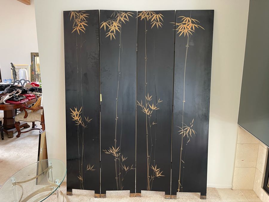 4-Panel Chinese Folding Double-Sided Screen Made In Hong Kong (Silver On One Side / Bamboo Black Motif On Other) [Photo 8]