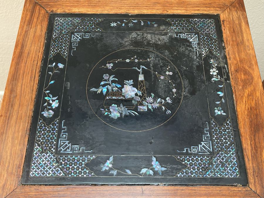 Pair Of Impressive Chinese Carved Wooden Stands With Mother Of Pearl Inlay 16W X 16D X 34H [Photo 10]