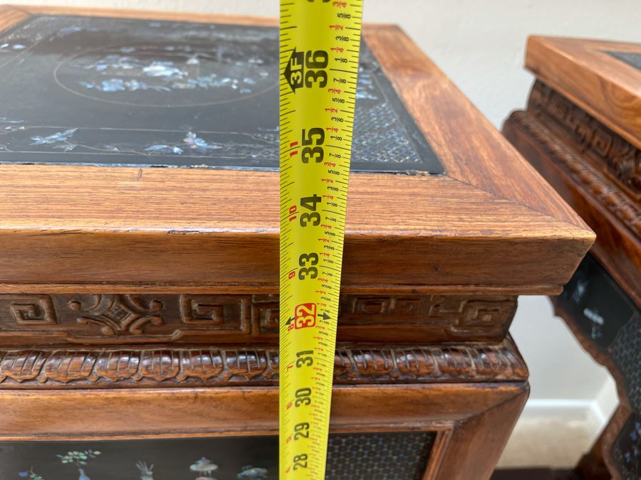 Pair Of Impressive Chinese Carved Wooden Stands With Mother Of Pearl Inlay 16W X 16D X 34H [Photo 15]