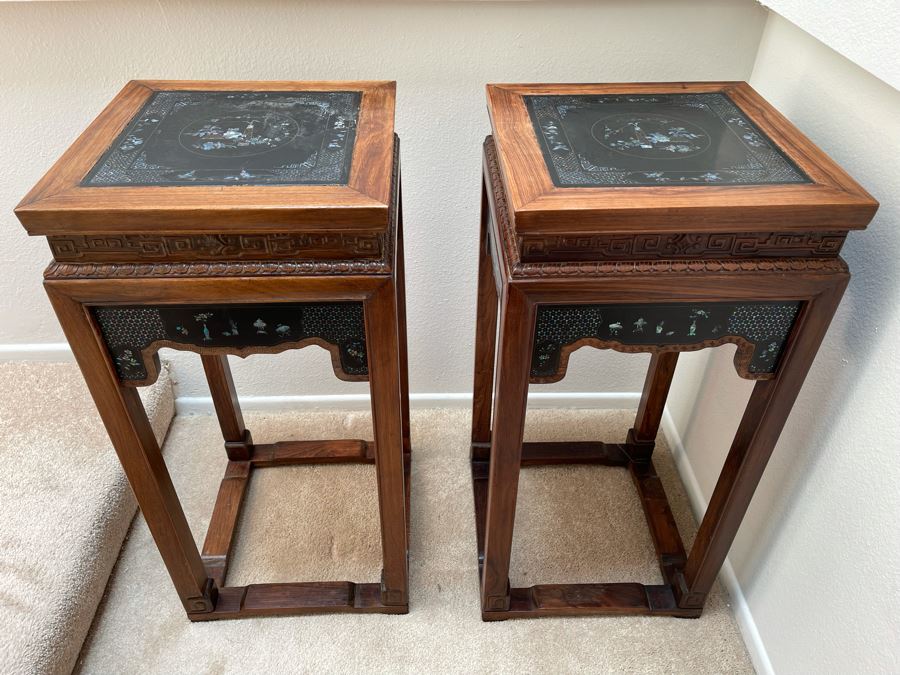 Pair Of Impressive Chinese Carved Wooden Stands With Mother Of Pearl Inlay 16W X 16D X 34H [Photo 3]
