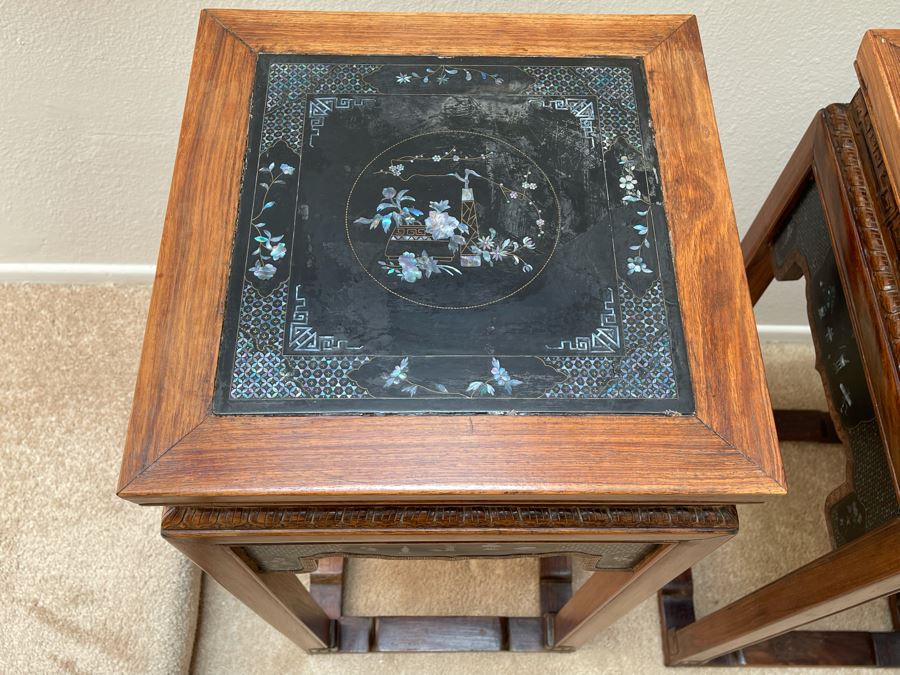 Pair Of Impressive Chinese Carved Wooden Stands With Mother Of Pearl Inlay 16W X 16D X 34H [Photo 11]