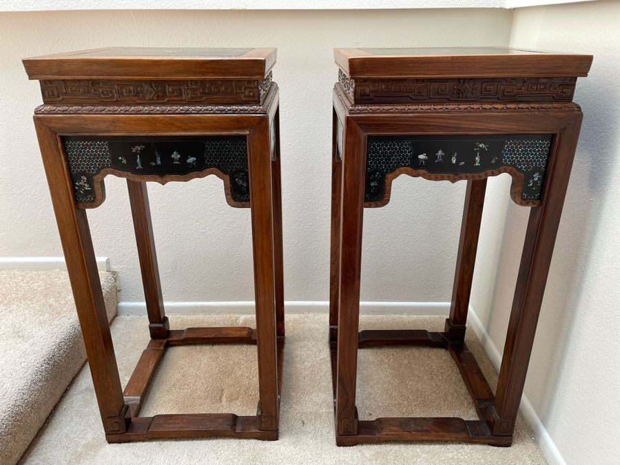 Pair Of Impressive Chinese Carved Wooden Stands With Mother Of Pearl Inlay 16W X 16D X 34H [Photo 4]