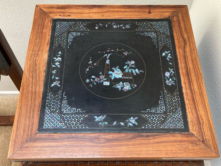 Pair Of Impressive Chinese Carved Wooden Stands With Mother Of Pearl Inlay 16W X 16D X 34H [Photo 8]