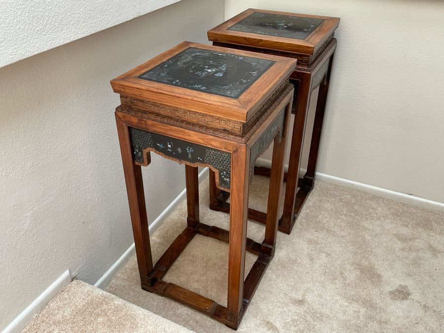 Pair Of Impressive Chinese Carved Wooden Stands With Mother Of Pearl Inlay 16W X 16D X 34H [Photo 12]