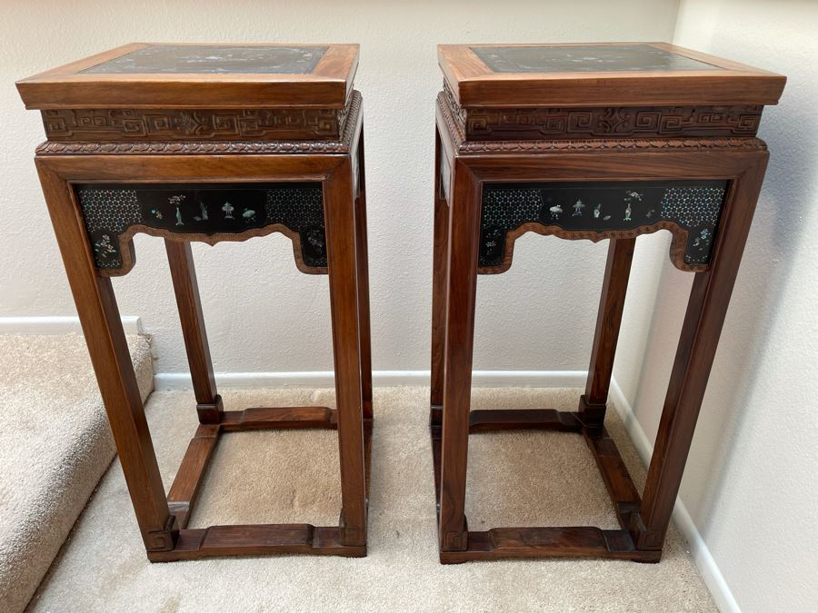 Pair Of Impressive Chinese Carved Wooden Stands With Mother Of Pearl Inlay 16W X 16D X 34H [Photo 2]