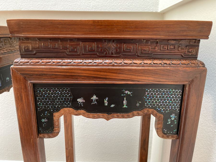 Pair Of Impressive Chinese Carved Wooden Stands With Mother Of Pearl Inlay 16W X 16D X 34H [Photo 6]