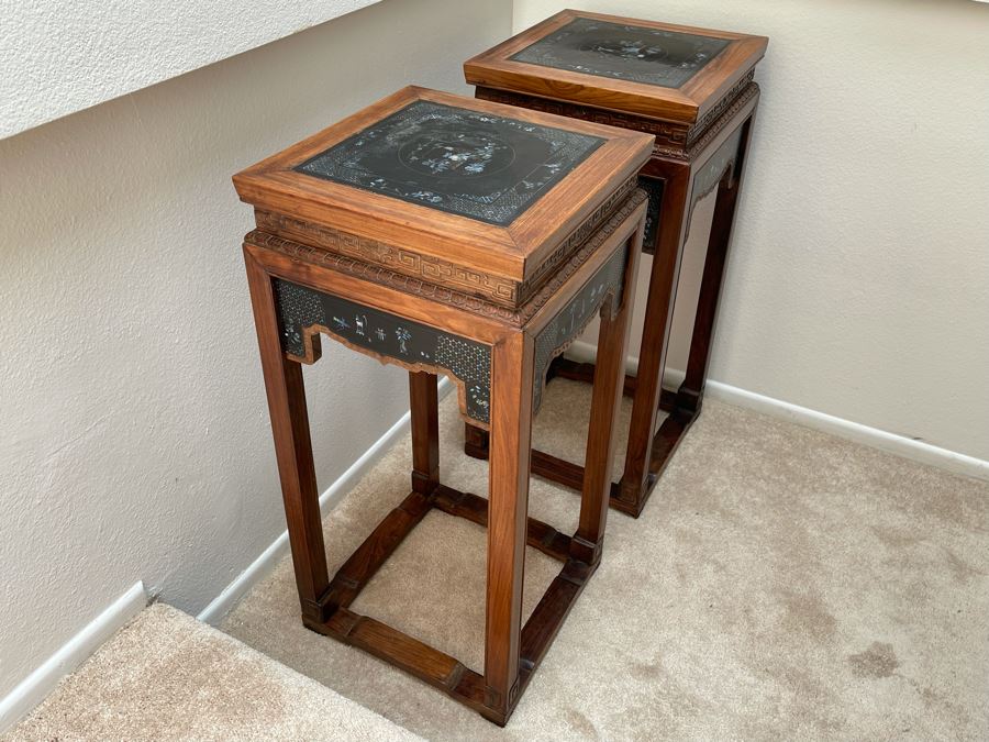 Pair Of Impressive Chinese Carved Wooden Stands With Mother Of Pearl Inlay 16W X 16D X 34H
