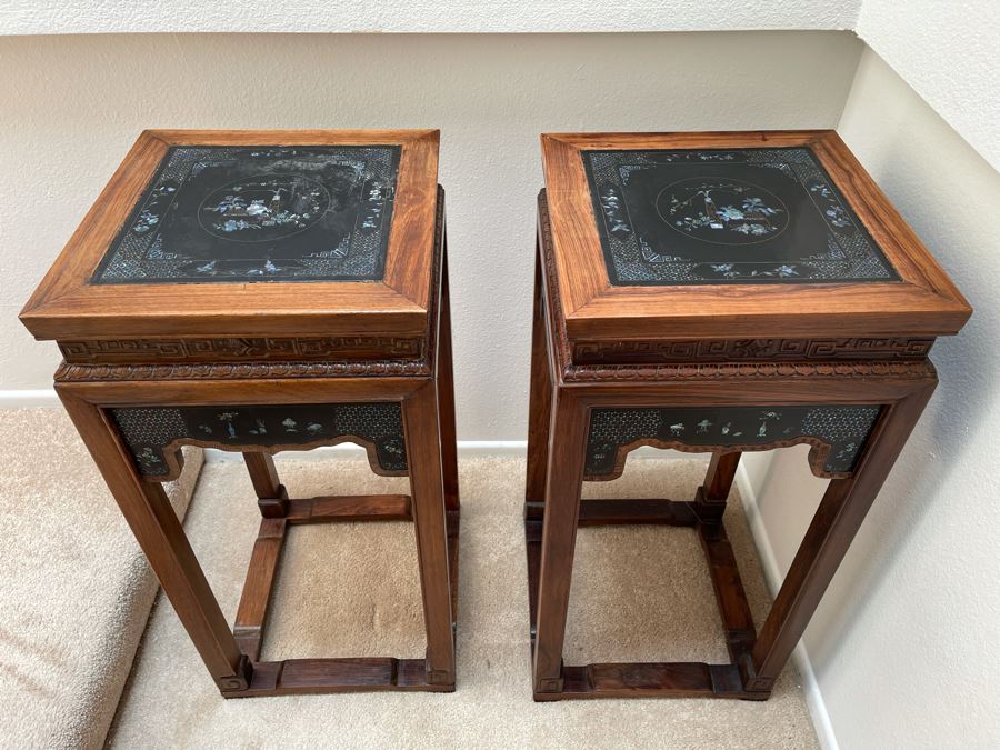 Pair Of Impressive Chinese Carved Wooden Stands With Mother Of Pearl Inlay 16W X 16D X 34H [Photo 5]