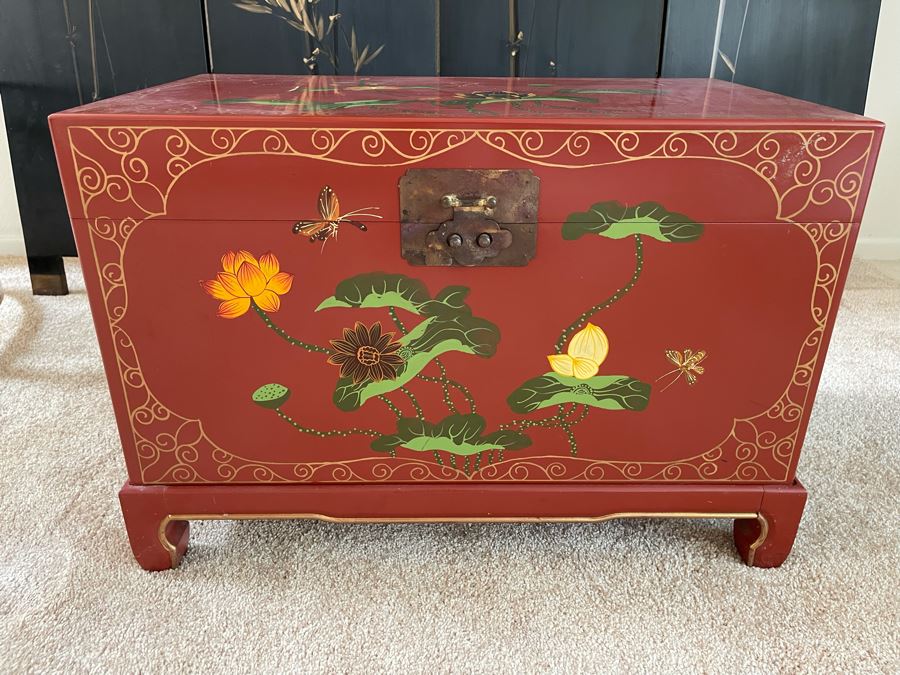 Hand Painted Red Laquer Asian Chest With Stand 26W X 15D X 18H [Photo 3]