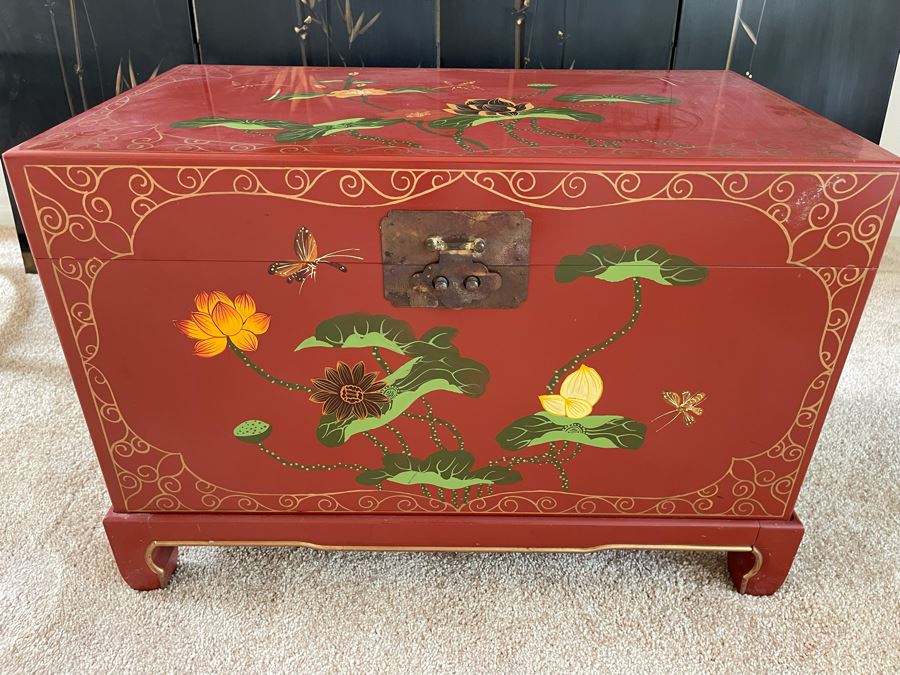 Hand Painted Red Laquer Asian Chest With Stand 26W X 15D X 18H [Photo 1]