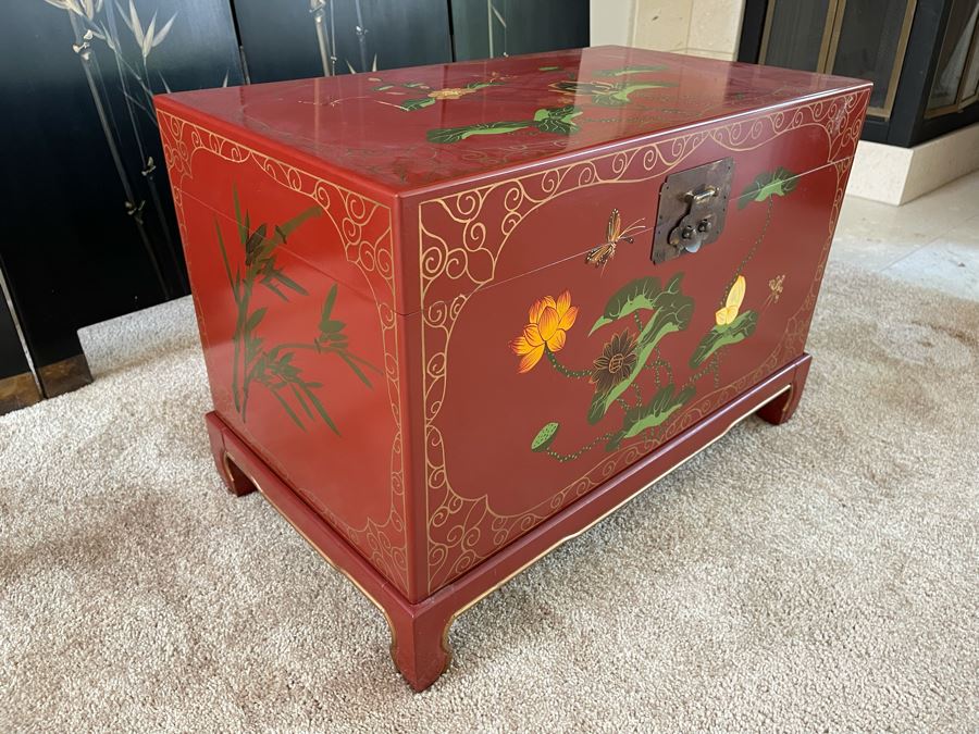 Hand Painted Red Laquer Asian Chest With Stand 26W X 15D X 18H [Photo 5]